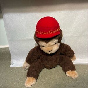 Vintage Curious George Plush Brown Stuffed Monkey with Spellout Red Hat